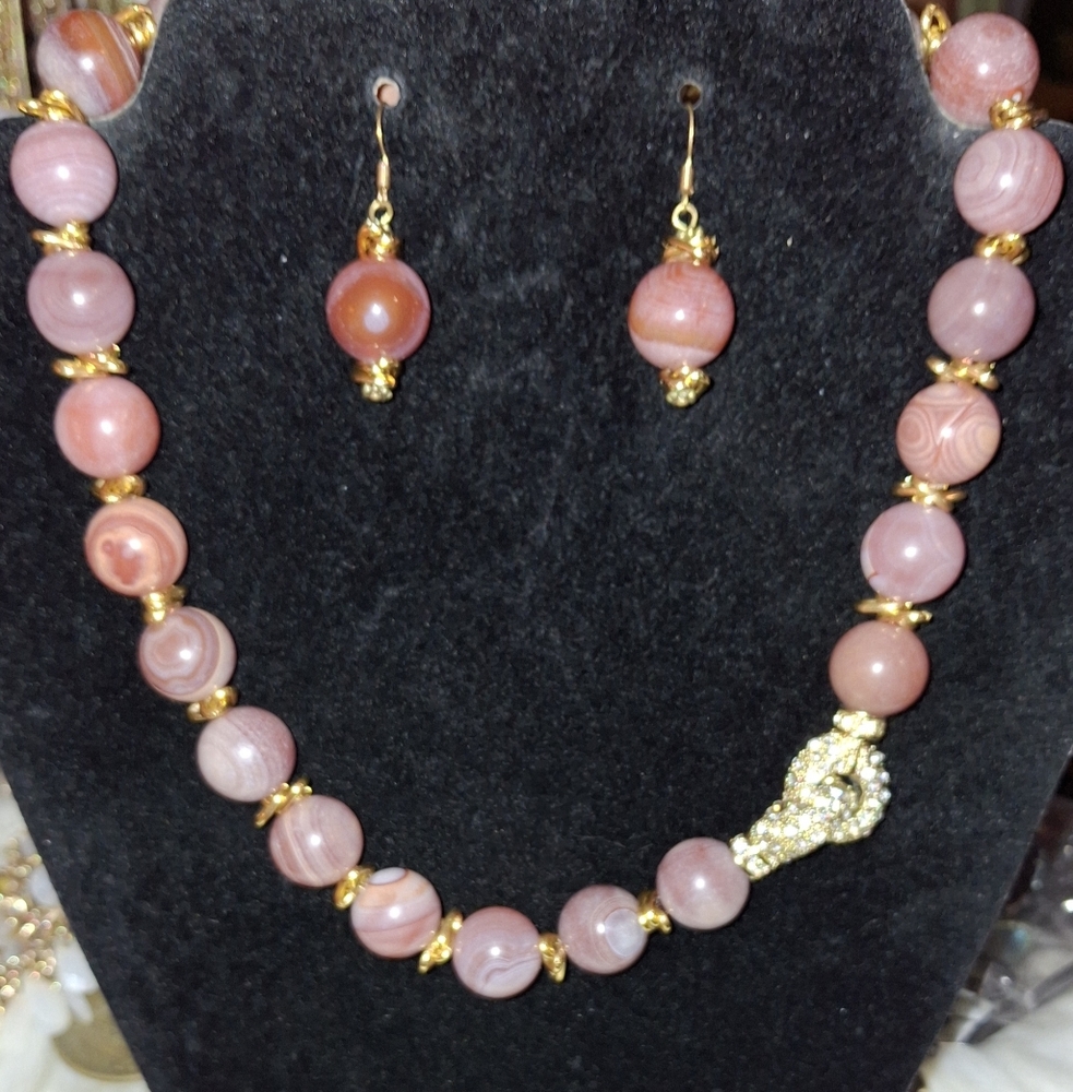 Banded agate set bead necklace pave crystal clasp matching gemstone earrings - Picture 6 of 16